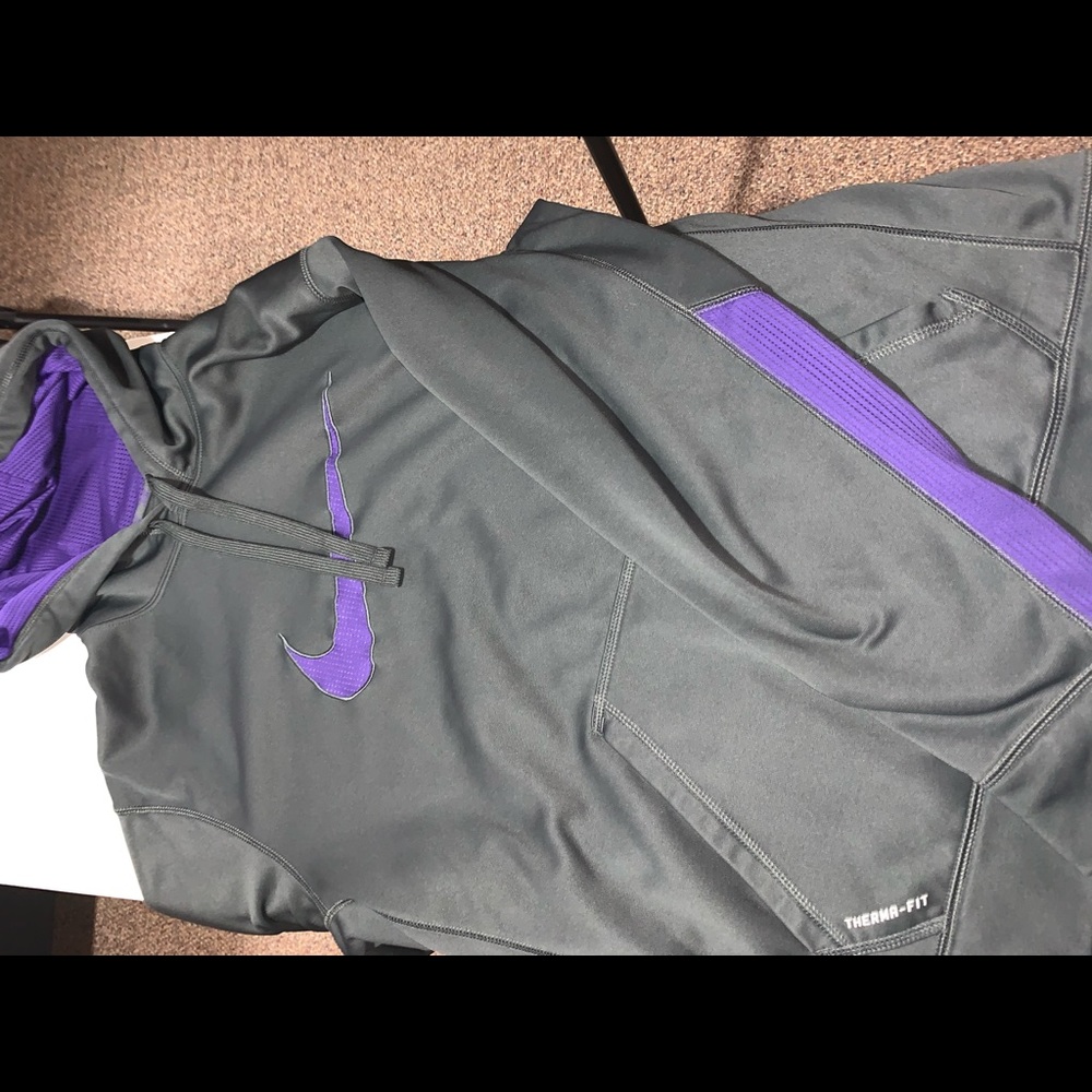 Gray Nike hoodie with purple swoosh